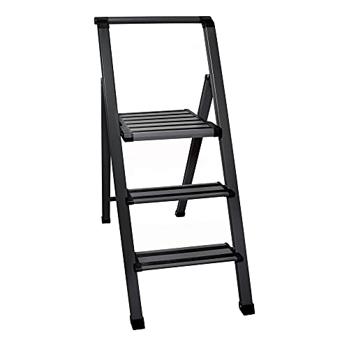 Step Ladder 3 Step Folding, Decorative - Modern Beautiful Grey Aluminum, Ultra Slim Profile, Anti Slip Steps, Sturdy-Portable for Home, Office, Kitchen, Photography Use,by SORFEY - color: Grey Aluminum, size: 3-Step