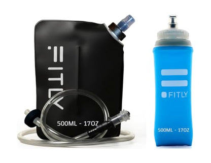 FITLY Soft Flask 17 oz 500ml (2 Pack), Collapsible Running Water Bottles for Hydration Pack and Running Vest, BPA Free Soft Water Bottles with Bite Valve for Hiking, Cycling & Skiing - Black & Blue