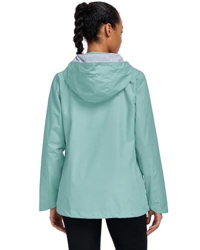 Women Waterproof Hooded Rain Jacket Lightweight Packable Trench Raincoat - color: Bean Green, size: Large