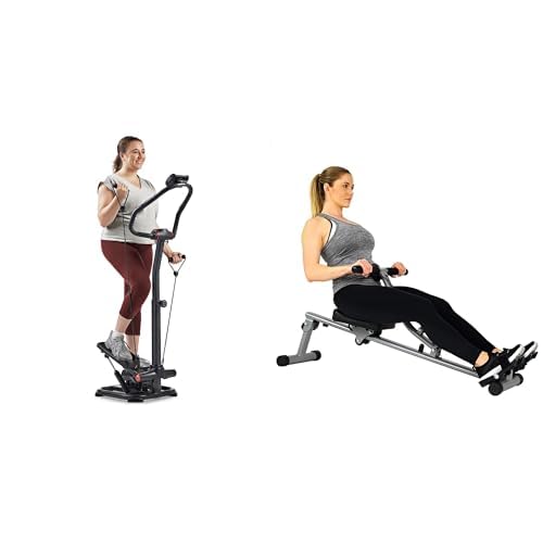 Sunny Health & Fitness Smart 2-in-1 Power Stepper with Resistant Bands & Handlebar + Sunny Health & Fitness 12 Adjustable Resistance Rowing Machine Rower w/Digital Monitor