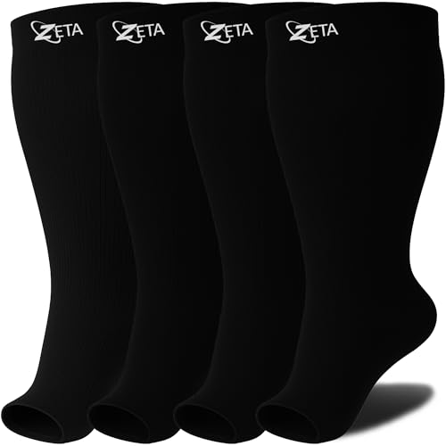 Zeta Wear Plus Size Compression Socks for Women and Men, Wide Calf Knee-High 15-19 mmHg Graduated Support, Easy-On Cuff, Fits Calves to 26 inch / 66 cm - color: 4 Pair - Black, size: 2XL