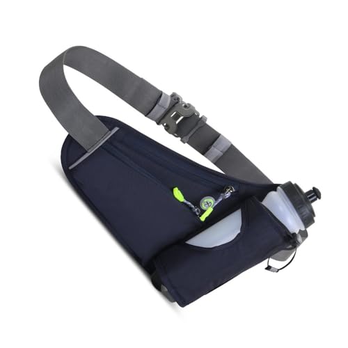 Water Bottle Waist Pack 2 Zippered Pockets – Reflective Running Belt for Hiking Cycling, Adjustable Breathable Mesh with Earphone Port(Dark Blue) - color: Dark Blue