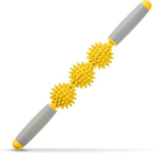 Fascia Muscle Roller, Cellulite Massager Fascia Roller for Cellulite and Sore Muscles, Neck, Leg, Back, Pressure Trigger Point Body Roller Deep Tissue Massage Stick Tools - 3 Massage Balls - color: Golden Yellow