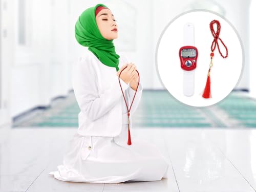Islamic Tasbih Prayer Beads & Digital Tasbeeh Counter Set, 2 Pieces Elegant Beads with LCD Finger Counter, Elegant Islamic Gift for Dhikr Meditation Ramadan & Eid (Black, Red)
