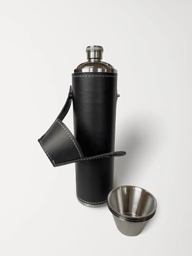 12oz Black Flask with 4 Shot Glasses in Cap – Stainless Steel with Waterproof Leather Case, Leakproof, Reusable, Travel - color: Black, size: 12oz Standard