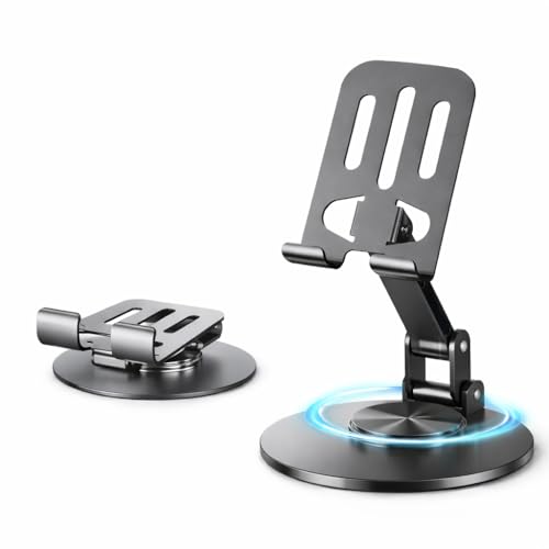 Mizi Universal Metal Phone Stand - 360°/720° Adjustable Rotation Desk Holder, Foldable & Stable with Non-Slip Weighted Base, Compatible with iPhone 17/16/15/14/13/12 Pro Max & All Smartphones - Grey - size: K73