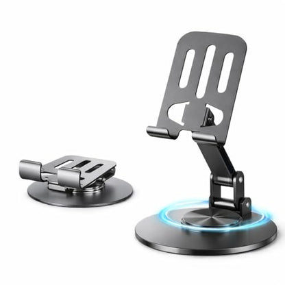 Mizi Universal Metal Phone Stand - 360°/720° Adjustable Rotation Desk Holder, Foldable & Stable with Non-Slip Weighted Base, Compatible with iPhone 17/16/15/14/13/12 Pro Max & All Smartphones - Grey - size: K73