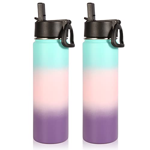 Volhoply Insulated Water Bottles with Straw Bulk 2 Pack, 22 oz Sports Bottle with Handle Lid, Double Walled Vacuum Water Cups with Wide Mouth, Reusable Water Flask for Hiking(Gradient Color,2 Set) - color: Gradient Color