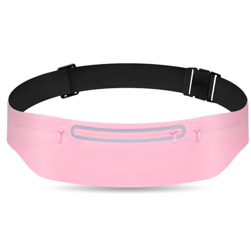 3 Separate pouch Slim Running Belt Fanny Packs for Women & Men，Reflective Running Fanny Pack，Runner Belt for Running Walking Cycling Camping Gym (Pink) - color: Pink
