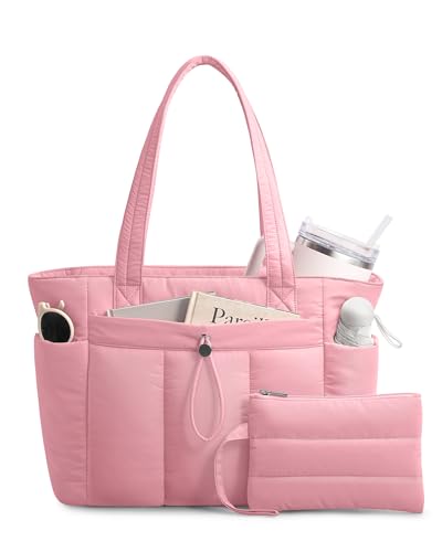 TOPDesign Puffy Tote Bag for Women with Cup Holder & Laptop Compartment & Cosmetic Bag & Trolley Sleeve for Work, Travel - color: Hot Pink, size: Medium