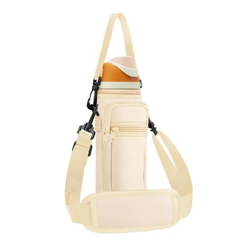 Neoprene Water Bottle Holder Bag with Cell Phone Pocket Compatible with Owala FreeSip 24 oz，Water Bottle Carrying Bag ，with Adjustable Shoulder Strap,for 24oz Stainless Steel Water Bottle - color: Cream