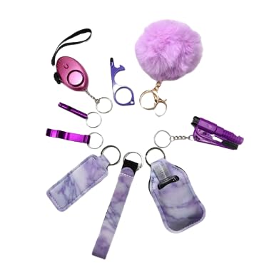 Personal Safety Keychain Set with Alarm, Pom Pom, Holder Pouch, 8-Piece Kit, Available in Pink, Purple, Sunflower Pattern - color: Purple