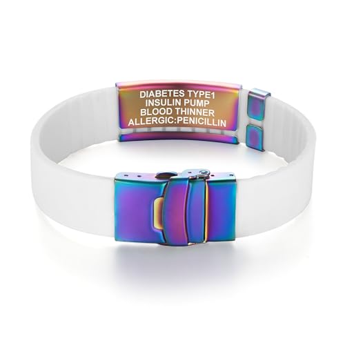 Divoti Custom Dual-Sided Engraved Silicone Medical Alert ID Wristband w/Security Clasp & Trim-to-Fit Band - Style - color: Carmella Blue / PVD Rainbow / White, size: Band Width - 19mm