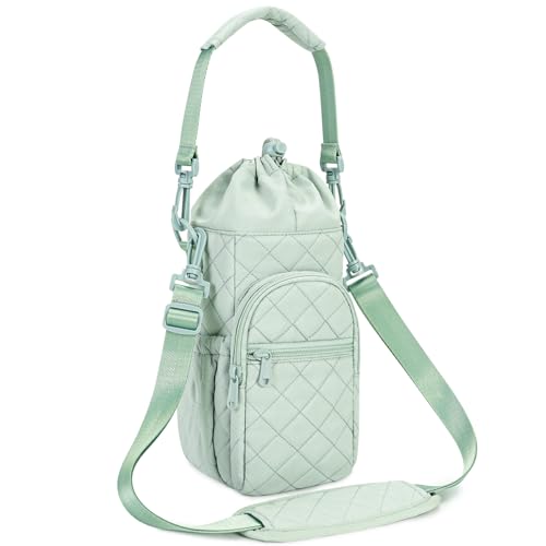 sportsnew 40oz Insulated Crossbody Water Bottle Bag Gym Hiking Phone Pocket - color: Quilt Green
