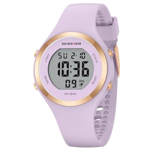 GOLDEN HOUR Waterproof Sport Women's Digital Chronograph Silicone Strap Watch - color: Light Purple
