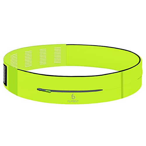 FlipBelt Adjustable Running Belt, Fitness and Running Fanny Pack for Women and Men, Non Chafing Waist Band Pack for Phone Keys Money, Moisture Wicking Storage Belt, USA Company - color: Neon Yellow