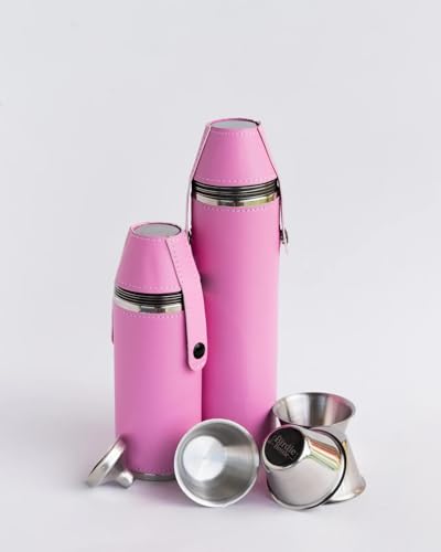8oz Pink Flask with 4 Shot Glasses in Cap – Stainless Steel with Waterproof Leather Case, Leakproof, Travel-Ready - color: Pink, size: 8oz Standard