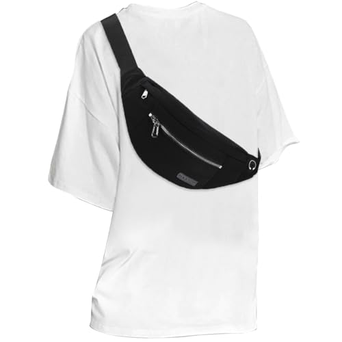 MAXTOP Large Crossbody Fanny Pack Belt Bag for Women Men with Silver Zipper - color: Black(Washed Nylon with Silver Metal Zipper)