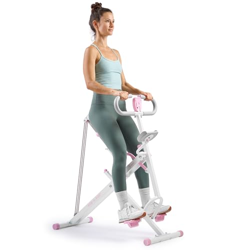 Sunny Health & Fitness Smart Upright Row-N-Ride Trainer w/Adjustable Resistance & 330LB Weight Capacity, Foldable Home Exercise Equipment for Arm, Glute & Leg Training, Free SunnyFit App Connection - color: Pink