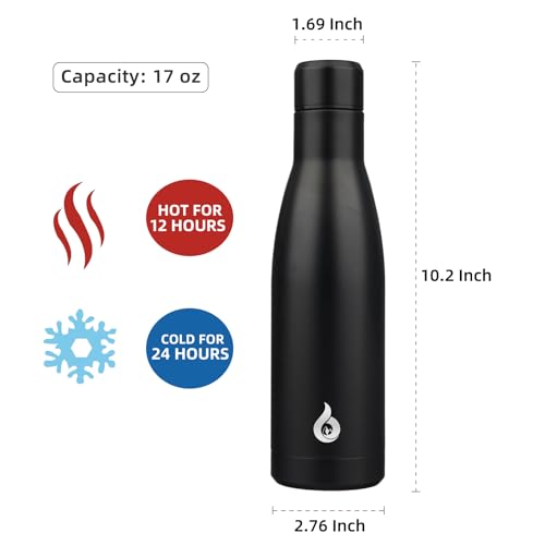 BJPKPK 17 oz Insulated Thermal Metal Water Bottle, Stainless Steel Flask - color: Midnight Black, size: 17 Ounces