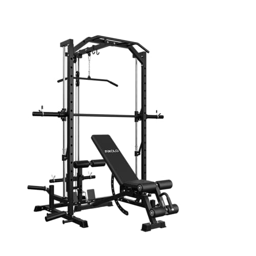 Mikolo Smith Machine Home Gym Power Cage (1:1 Ratio Strength Trainer) (Space Saving Design) (with 8 Free Attachments) Squat Rack for Full Body Training - style: (With Weight Bench)