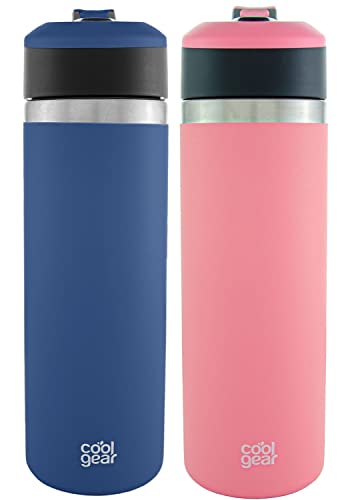 COOL GEAR 2 Pack System Pivot 22oz Stainless Steel Water Bottle | Silicone Tension Strap Water Bottle - Papaya/Blue - color: Papaya/Blue