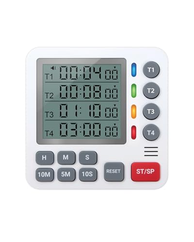 TPNEG Digital Kitchen Timer - 4-Channel Cooking Timer with Alarm, Magnetic Back, Loud & Silent Modes, Count Up/Down, Ideal for ovens, Seniors, Kids and classrooms, Replaceable AAA Battery - color: White