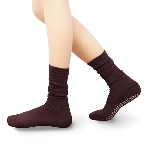 Grip Pilates Socks for Women Mid Calf Slouch Yoga Socks with Non Slip Grippers - color: Brown-3pk