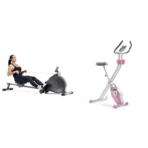 Sunny Health & Fitness Magnetic Rowing Machine with Exclusive SunnyFit App + Sunny Health & Fitness Foldable Pink Magnetic Exercise X-Bike Pro