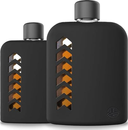Le’raze Glass Hip Flask Set, Silicone Sleeve | 240ml/100ml Whiskey Bottles for Alcohol Liquor | Leakproof Lids, Funnel | Cute Aesthetic Concert Gift for Men, Women, Black Single Double Shot Canteen - size: 3.4oz. + 8oz.