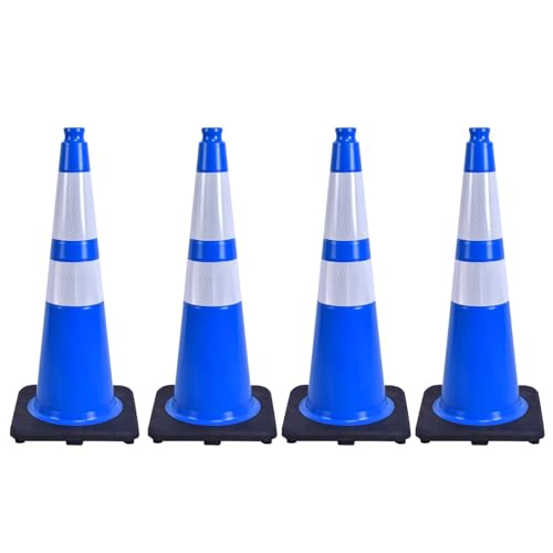 4 Pack 28 Inch Blue PVC Traffic Cones Black Base Stable Flexible, Road Safety Construction Zone Crowd Control Parking Safety Cones (4, Blue, 28 Inch) - color: Blue, size: 28 Inch