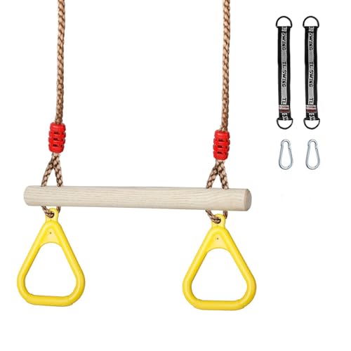 Trapeze Swing Bar with Rings, Wooden Trapeze Swing Bar for Indoor/Outdoor - color: Yellow