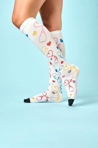 Nurse Mates Women's Wide Calf Socks | 12-14 mmHg Compression | Up to 22" Calf | One Size | 1 Pair - color: Stethoscope Hearts, size: One Size