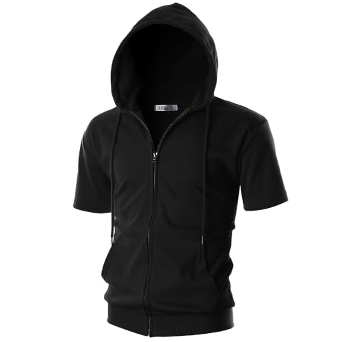 Ohoo Mens Slim Fit Zip up Hoodie Cotton Blend Soft Fabric Short Sleeve Lightweight Comfy Basic Jacket with Kanga Pocket - color: Dcf056-black, size: Small