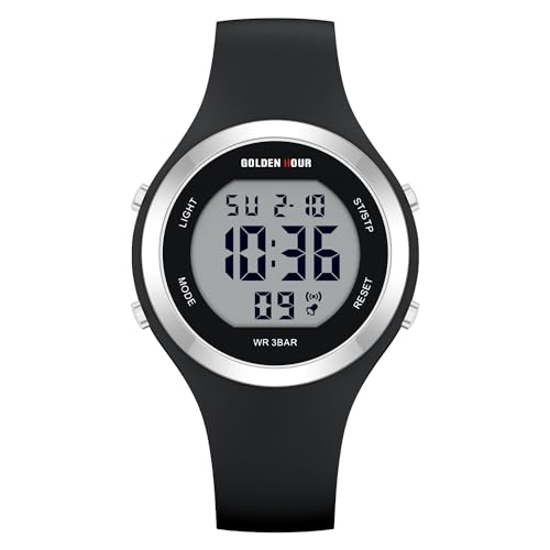 GOLDEN HOUR Waterproof Sport Women's Digital Chronograph Silicone Strap Watch - color: Silver Black