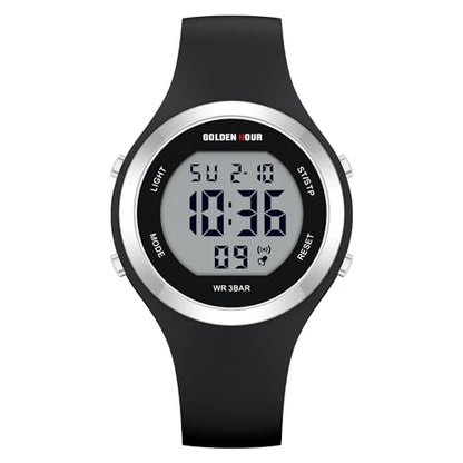 GOLDEN HOUR Waterproof Sport Women's Digital Chronograph Silicone Strap Watch - color: Silver Black
