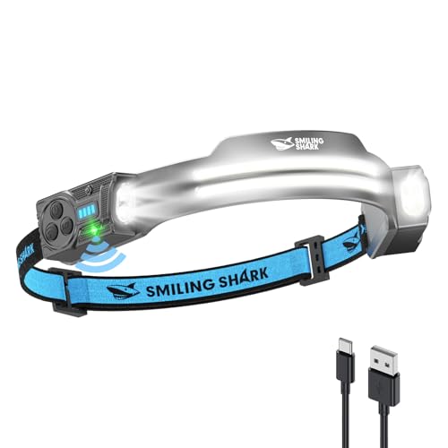 Smiling Shark TS-2 Headlamp, Dual Spotlight with Floodlight & Strobe LED Head Torch Rechargeable 2400mAh Long-Lasting Hands-Free Design for Camping Hiking Running Jogging (1 Pack) - style: 1 PACK