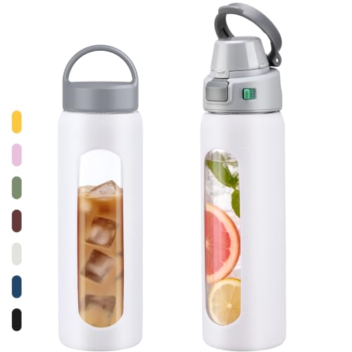 MUKOKO 24oz Glass Water Bottle with Straw, 2 Lids-Staw Lid and Screw Handle Lid, Reusable Drinking Bottle with Time Marker for Sports and Home, White - color: White, size: 24 Ounces