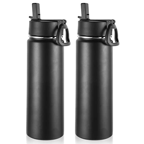Volhoply Insulated Water Bottles with Straw Bulk 2 Pack, 22 oz Stainless Steel Sports Bottle with Handle Lid, Metal Travel Water Cups with Wide Mouth,Reusable Water Flask for School(Black,2 Set) - color: Black