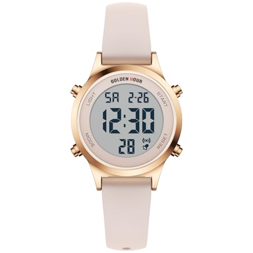 GOLDEN HOUR Waterproof Women's Digital Sports Watches with Silicone Strap, Alarm Calendar Stopwatch Chronograph 32mm Rose Gold Case - color: Sand Pink/Rose Gold