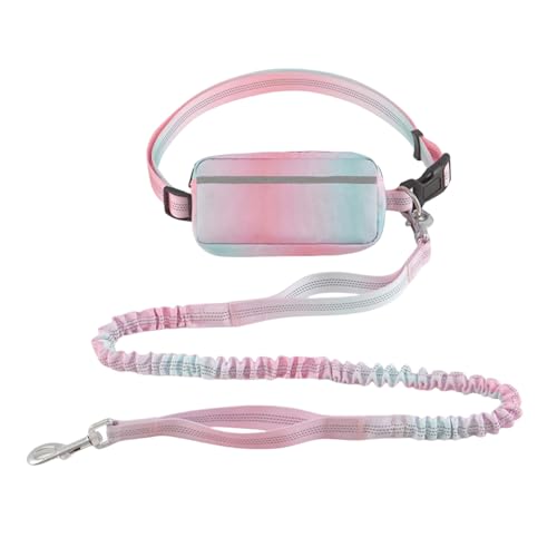 Hands Free Dog Leash with Zipper Pouch, Dual Handles and Durable Reflective Bungee for Walking, Jogging and Running Medium Large Dog (Pink+Cyan)
