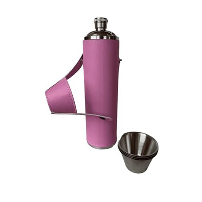 12oz Flask with 4 Shot Glasses in Cap – Stainless Steel with Waterproof Leather Case, Leakproof, Great Gift Idea - color: Pink, size: 12oz Standard