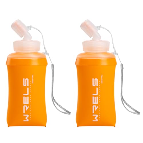 WRELS 350ml/500ml TPU Soft Water Bottles BPA Free Collapsible Soft Flask with Widen Mouth for Running Vest Lightweight Foldable Water Bottle for Running Marathon Trail Hiking - color: 500ml/17oz-2 Packs-Orange