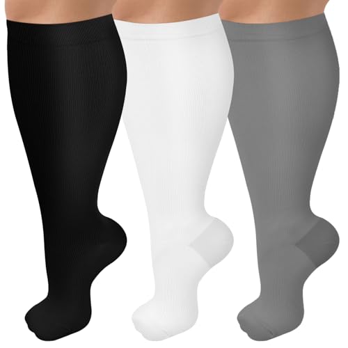 CTHH Wide Calf Compression Socks for Women Men Plus Size Knee High Stocking - color: White/Black/Dark Gray, size: XX-Large