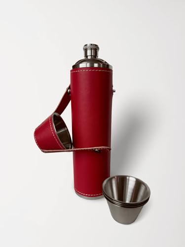 12oz Flask with 4 Shot Glasses – Stainless Steel with Waterproof Leather Case, Leakproof, Reusable and Travel-ready - color: Red, size: 12oz Standard