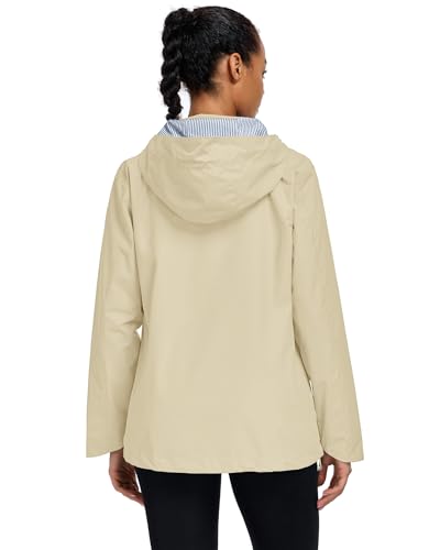 Women Waterproof Hooded Rain Jacket Lightweight Packable Trench Raincoat - color: Khaki, size: Large