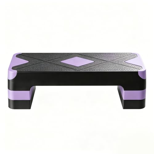 Aerobic Exercise Step Platform, 28-Inch Workout Aerobic Stepper, Height Adjustable Fitness Training Step Deck Trainer with 4 Risers, Non-Slip Surface Bench for Home Gym Cardio Strength 29" x 11.5" x 4" - color: Black-Purple