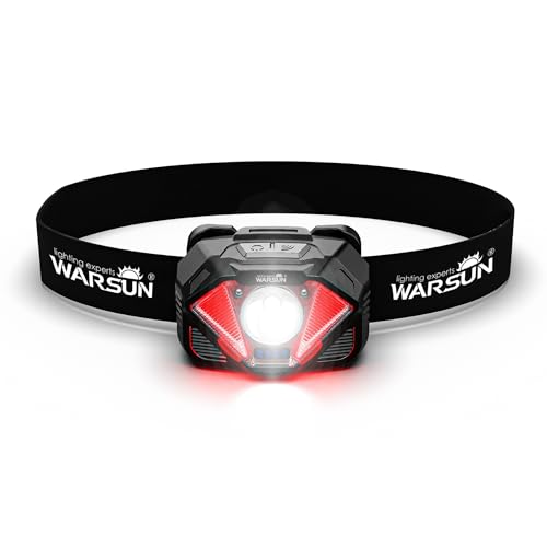 WARSUN WH02 LED Headlamp, Rechargeable Headlamp with Motion Sensor, Ultra-Light Bright Head Light with Dual Power, 5 Modes Red White Light for Hiking, Running, Fishing