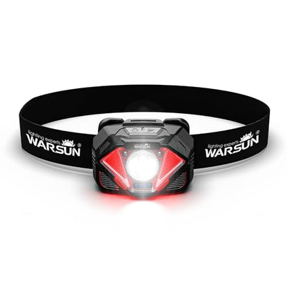 WARSUN WH02 LED Headlamp, Rechargeable Headlamp with Motion Sensor, Ultra-Light Bright Head Light with Dual Power, 5 Modes Red White Light for Hiking, Running, Fishing