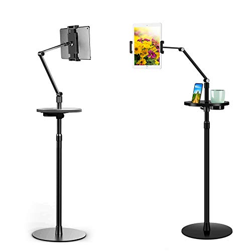 Adjustable Metal Tablet Phone Stand Mount Holder Compatible with Ipad Pro, Ipad Air.iPad mini,iPhone,Great for Office/Bed/Zoom/Netflix (Built in Cup/Phone Tray) (Black)